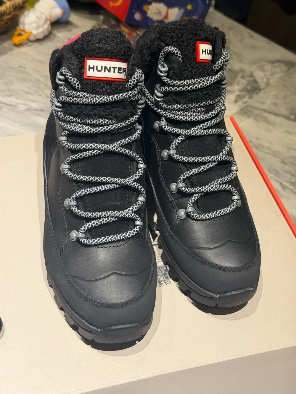 Hunter w commando chelsea Black Leather Lace-Up Hiker Boots with Sherpa Collar